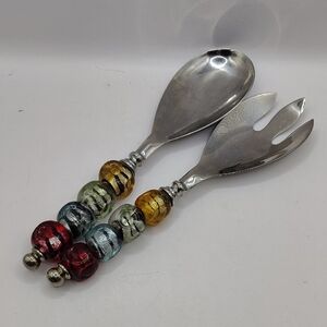 Pier 1 Deluxe Large Marble Colored Handle Serving Fork, Spoon. Salad Servers